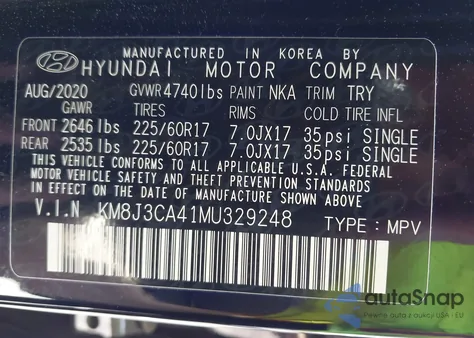 2021 Hyundai Tucson Value z USA, uszkodzony, nr VIN KM8J3CA41MU329248